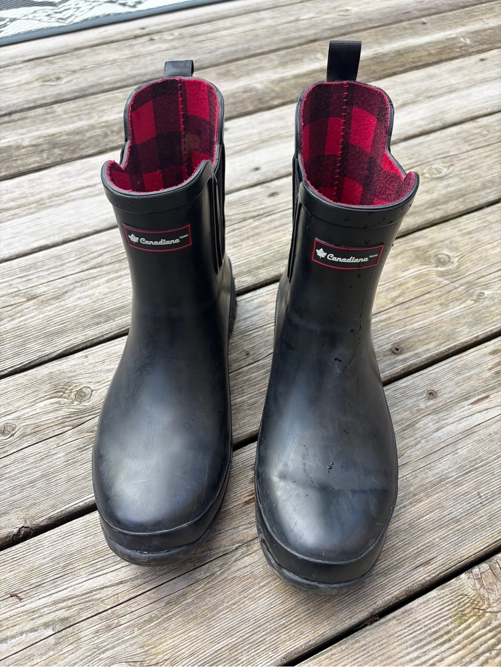 Black Rain & Winter Boots with Red Plaid Lining